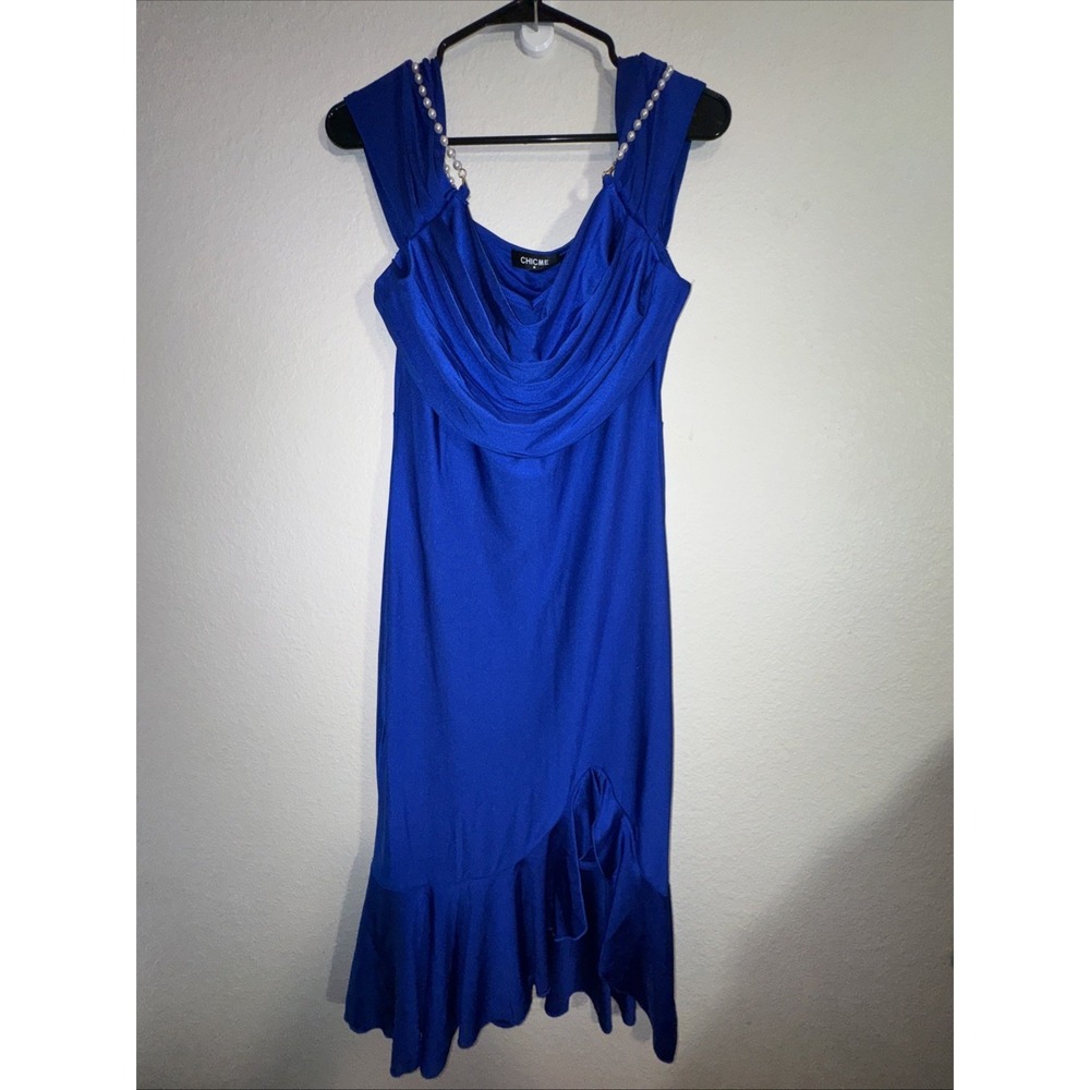 CHIC ME Cocktail Party Dress Royal Blue Medium Cowl Neck Body Con Sexy Formal